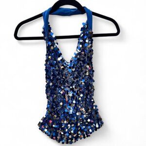 Y2K Cobalt Blue Sequin Open Back Halter Top